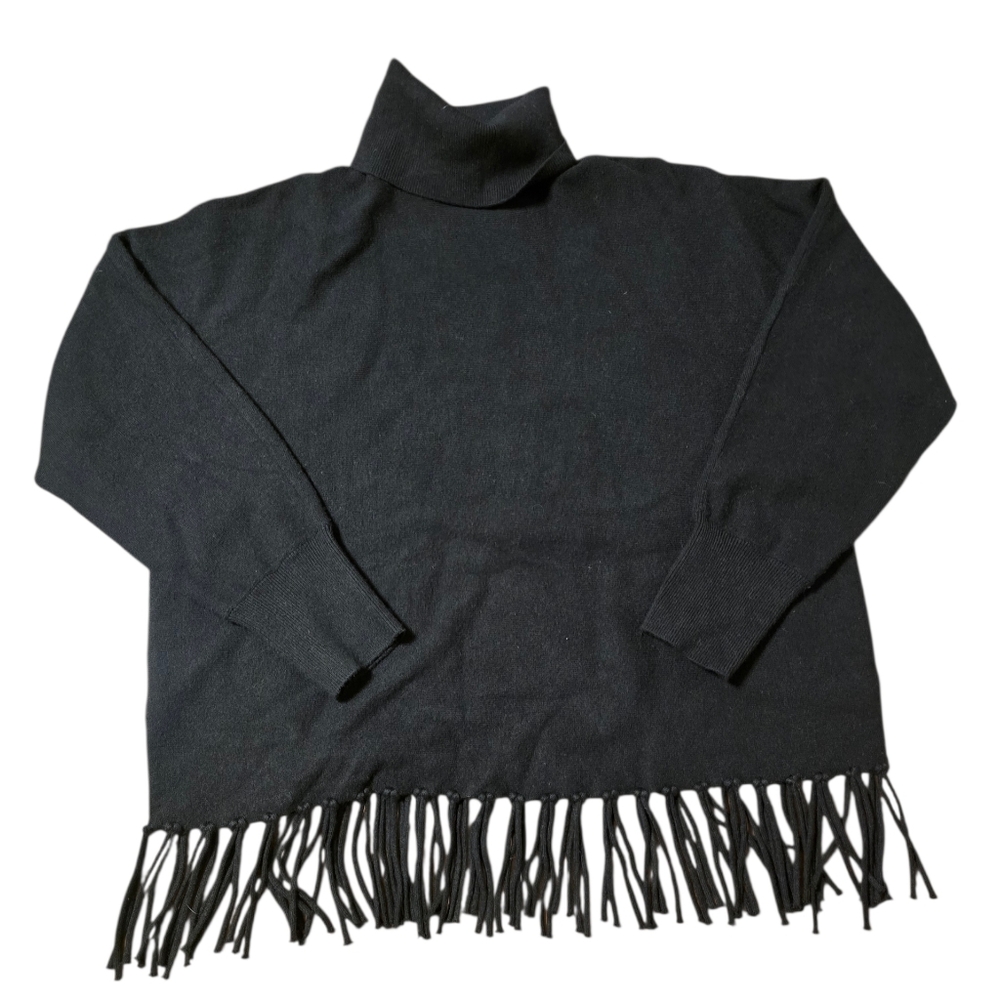 CARMEN MARC VALVO Tassel Hem Sweater Black Fringe Turtleneck XL